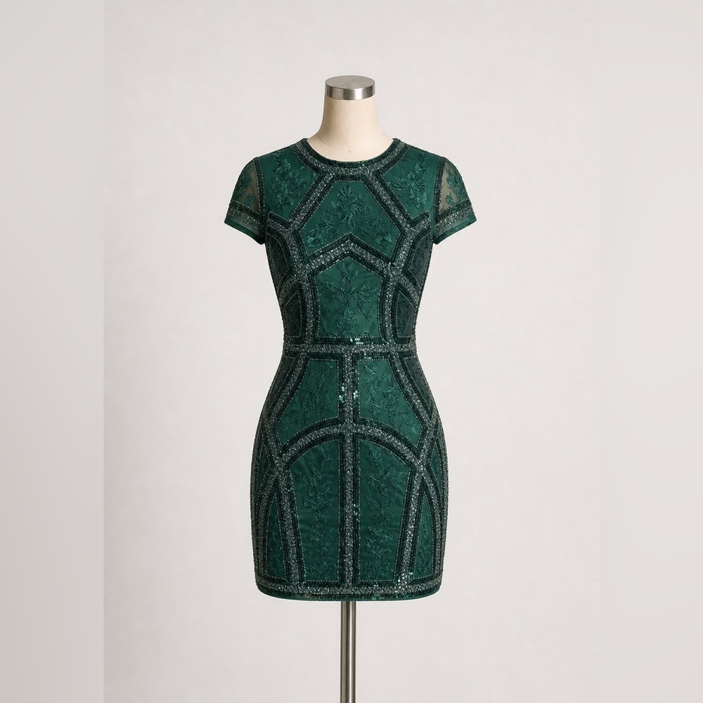 Lulus Emerald Green Sequin Embroidered Bodycon Mini Dress | Geometric Beaded